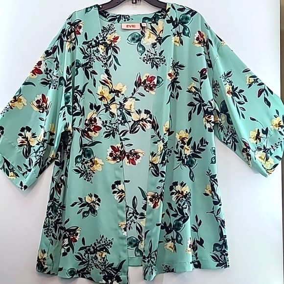 EVRI Women's Green Floral Open Kimono - Size 0X - Picture 1 of 11